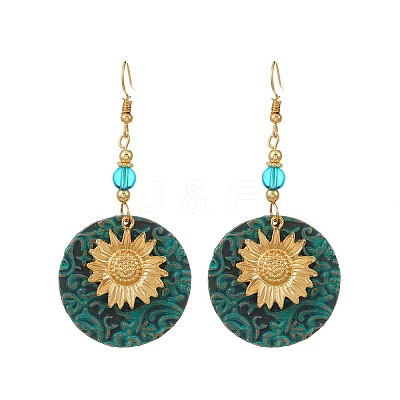 Flat Round with Sunflower Alloy Glass Dangle Earrings FS-WG8AC10-01-1