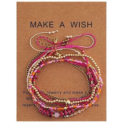 5Pcs Adjustable Nylon Round Gemstone Bead Braided Bracelet Sets NO9066-3-1