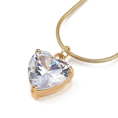PVD Vacuum Plating 304 Stainless Steel Cubic Zirconia Heart Pendant Round Snake Chain Necklaces for Women NJEW-Z044-09G-1