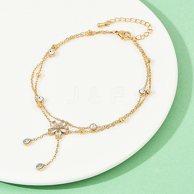 304 Stainless Steel Pave Clear Cubic Zirconia & Crystal Rhinestone Double Layer Flower Charm Anklets for Women AJEW-G069-02G-1