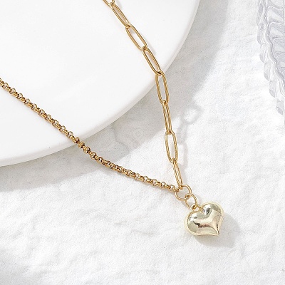 Alloy Heart Pendant 304 Stainless Steel Paperclip Chain & Rolo Chain Necklaces NJEW-JN05812-01-1