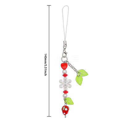 Strawberry & Leaf & Flower Handmade Lampwork Mobile Straps HJEW-WH0007-31-1