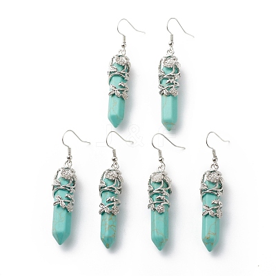 Synthetic Turquoise Bullet with Flower Dangle Earrings EJEW-G300-02P-09-1