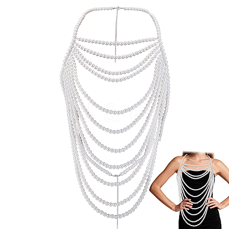 Imitation Pearl White Round Beaded Multi-Layered Shoulder Body Chains for Women AJEW-WH0816-461P-1