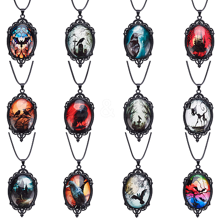 12Pcs 12 Colors Gothic Zinc Alloy & Glass Oval Pendant Black PU Leather Cord Necklaces NJEW-WR0001-08-1
