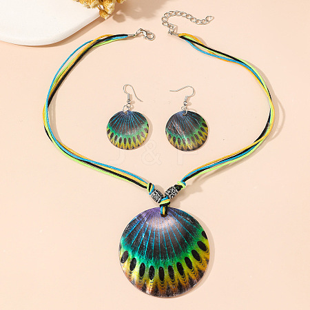 Boho Printed Natural Shell Graffiti Flat Round Pendant Earrings & Necklaces Set FS-WG2A623-02-1