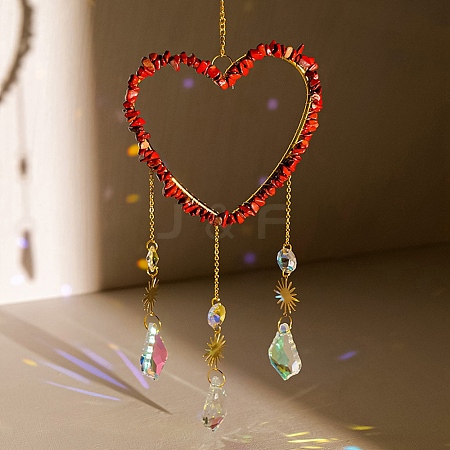 Heart Natural Red Jasper Chips Hanging Ornaments HJEW-G024-01F-1