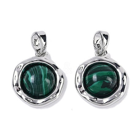 Brass Pave Synthetic Malachite Flat Round Charms KK-U043-42G-D-1