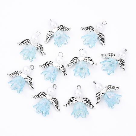 10Pcs Acrylic & Imitation Pearl Flower Angel Pendants PALLOY-YW00055-05-1