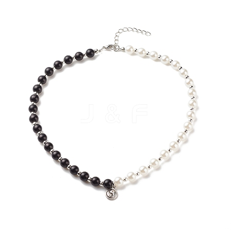 Alloy Yin Yang Charm Necklace with Plastic Imitation Pearl Beaded for Women NJEW-JN03914-1