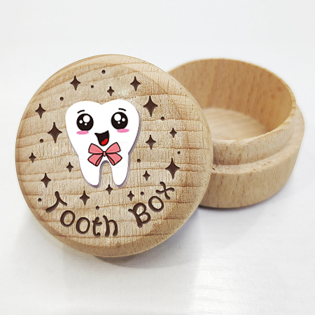 Round Beech Wooden 3D Engraved My First Tooth Box CON-WH0120-004-1