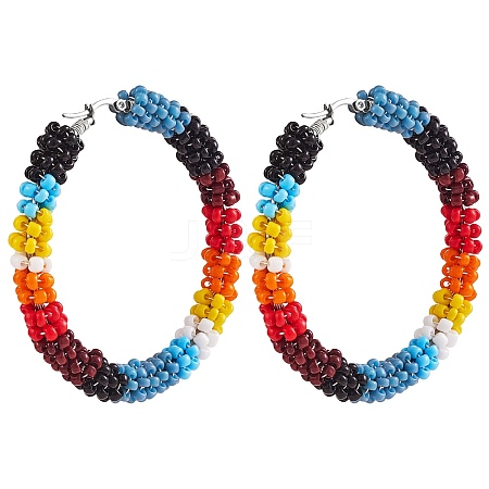 Boho Glass Seed Beaded Big Huggie Hoop Earrings for Women EJEW-SW00003-1