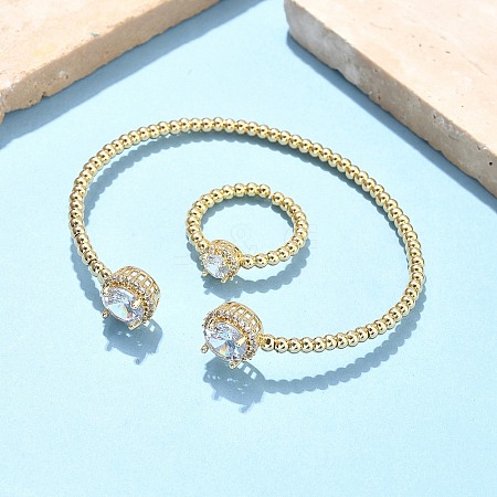 Round Brass Micro Pave Cubic Zirconia Cuff Bangles & Rings Sets for Women SJEW-R002-01G-02-1