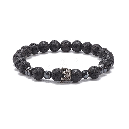 Natural Lava Rock & Synthetic Hematite Stretch Bracelet with Alloy Crown BJEW-JB08482-01-1