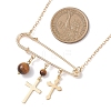 201 Stainless Steel Satety Pin with Round Natural Tiger Eye Pendant Brass Cable Chain Necklaces for Women NJEW-TA00214-3