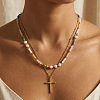 Colorful Natural Mixed Stone and Imitaiton Pearl Beaded Double Layered Necklaces with Stainless Steel Religion Cross Pendant MK2269-1
