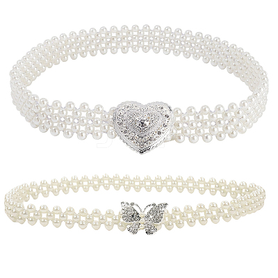 2Pcs 2 Style ABS Plastic Pearl Braided Stretch Chain Belts with Alloy Oval Clasp AJEW-CP0001-66-1
