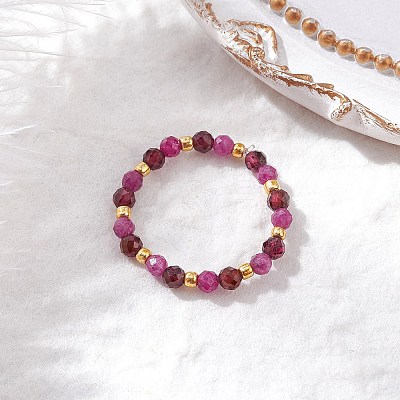 Natural Garnet Beaded Stretch Rings RJEW-JR00867-06-1