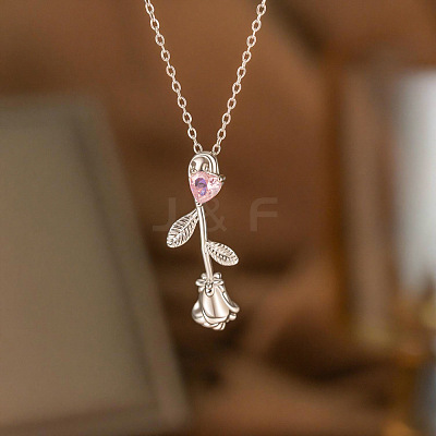 Valentine's Day Brass Pave Clear Cubic Zirconia Rose Flower Pendant 304 Stainless Steel Cable Chain Necklaces for Women WG1B5AB-02-1