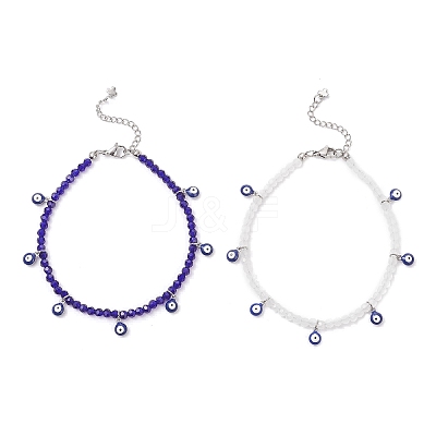 2Pcs 2 Colors 304 Stainless Steel Enamel Blue Evil Eye Tassel Glass Beaded Anklets for Women Men AJEW-AN00754-1