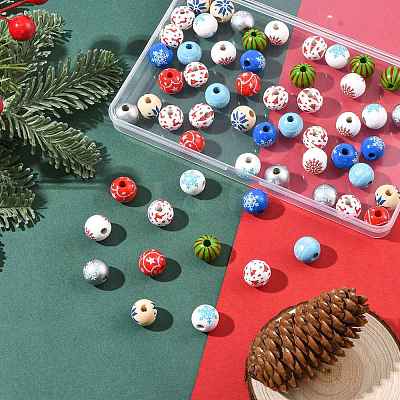 60Pcs 10 Styles Christmas Spray Painted Schima Wood Beads WOOD-FS0002-45-1