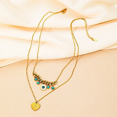 304 Stainless Steel Enamel Evil Eye Heart Pendant Double Layer Necklaces with Synthetic Turquoise for Women WGD59F3-01-1