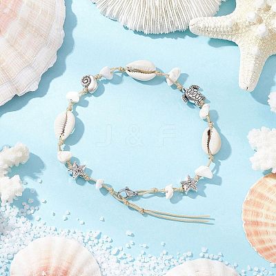 Beach Starfish Turtle Synthetic Magnesite & Natural Cowrie Shell Beaded Anklets AJEW-AN00687-03-1