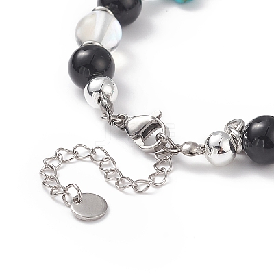 Natural & Synthetic Mixed Stone Beaded Bracelet with Cross Charm BJEW-TA00184-03-1