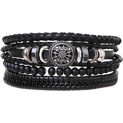 1Pc Cowhide & Imitation Leather Cord Knitted Multi-strand Bracelets AJEW-GF0011-50A-1