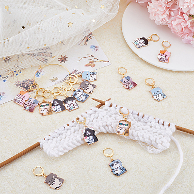 16Pcs 8 Style Cat Shape Alloy Enamel Pendant Locking Stitch Markers HJEW-SC00034-1