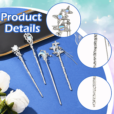 4Pcs 4 Styles Tibetan Style Alloy Resin Hair Sticks OHAR-SC0001-14-1