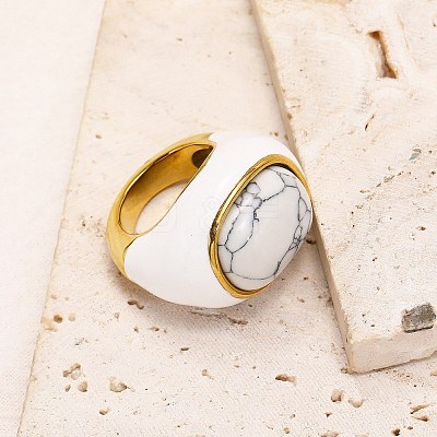 Oval 304 Stainless Steel with Natural Howlite Finger Rings FS-WGC5475-12-1