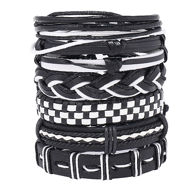 6Pcs 6 Style Adjustable Braided Imitation Leather Cord Bracelet Set with Waxed Cord for Men BJEW-F458-06-1