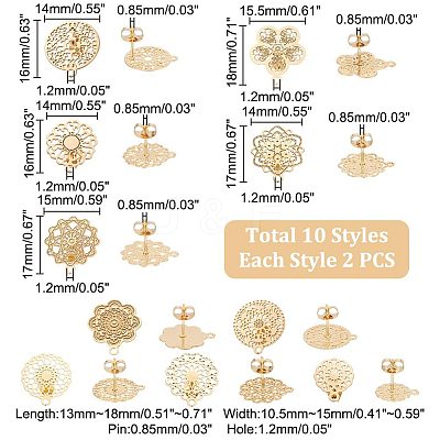 20Pcs 10 Style 304 Stainless Steel Stud Earrings Finding STAS-UN0041-93-1