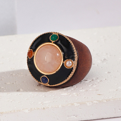 Flat Round Wood & Resin & Natural Rose Quartz Finger Rings FS-WG75D49-02-1