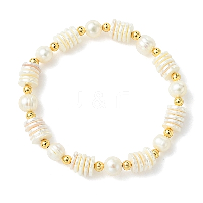 Electroplated Shell Pearl & Brass Beaded Stretch Bracelets for Women BJEW-JB13997-1