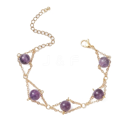Natural Amethyst Round Beads Link Bracelets for Women BJEW-JB12149-02-1