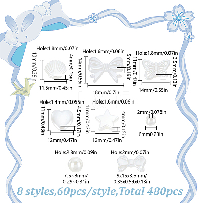 480Pcs 8 Styles ABS Imitation Pearl Beads OACR-HY0001-19-1