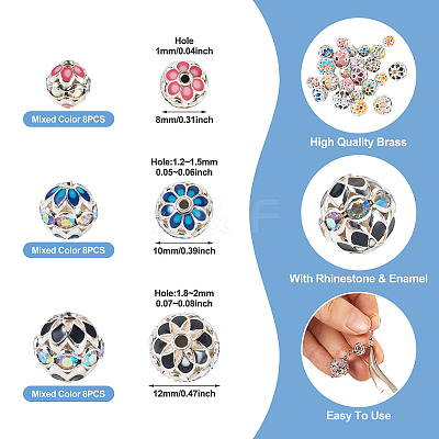 24Pcs 3 Styles Round Brass Rhinestone Beads KK-TA0003-25-1