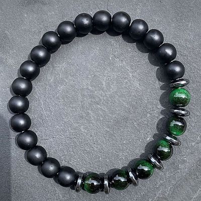 Natural Dyed Green Tiger Eye & Matte Black Obsidian Round Beads Stretch Bracelets for Men Women UT1293-1-1