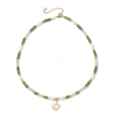 201 Stainless Steel Sun Pendant Dyed Faceted Rondelle Natural Malaysia Jade & Natural Pearl Beaded Necklaces NJEW-JN05814-1