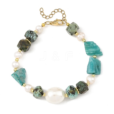 Raw Rough Natural Amazonite & African Turquoise(Jasper) & Pearl Beaded Bracelets BJEW-JB14442-1