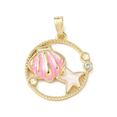 Flat Round with Shell Shape Brass Micro Pave Clear Cubic Zirconia Pendant Cabochon Settings KK-P334-17G-02-1