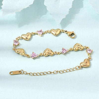 304 Stainless Steel Pave Pink Cubic Zirconia Heart Link Chain Bracelets SA-CBAF6AD-11G-1