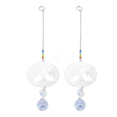 2Pcs 201 Stainless Steel Tree of Life Shape & Rainbow Crystal Glass Hanging Suncatcher HJEW-TA00446-1