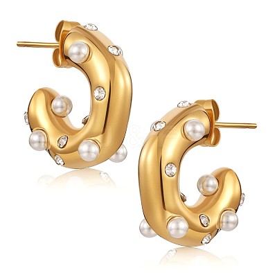 Shell Pearl C-shape Stud Earrings with Clear Cubic Zirconia JE948A-1
