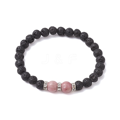 Round Natural Lava Rock & Rhodochrosite Beaded Stretch Bracelets for Women BJEW-JB10804-1