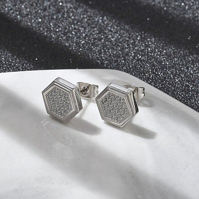 304 Stainless Steel Micro Pave Clear Cubic Zirconia Stud Earrings STAS-Z107-01P-01-1