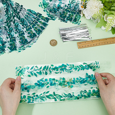 100Pcs Leaf Printed OPP Cellophane Candy Packaging Bags ABAG-GF0001-40-1