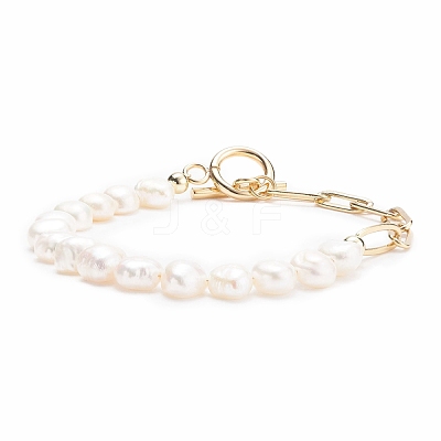 Natural Pearl Beaded Bracelet with Brass Paperclip Chains for Women BJEW-JB07920-01-1